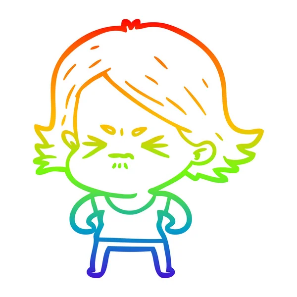 Arcobaleno gradiente linea disegno cartone animato arrabbiato ragazza — Vettoriale Stock