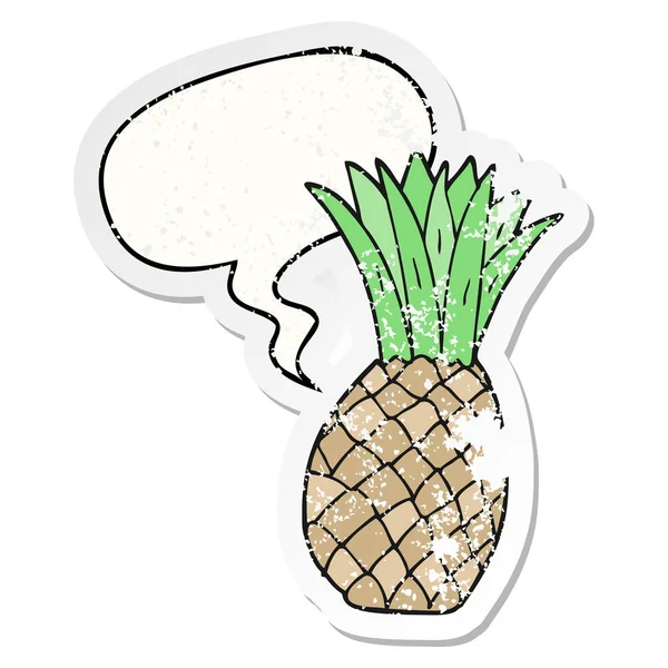Desenho animado abacaxi e fala bolha adesivo angustiado — Vetor de Stock