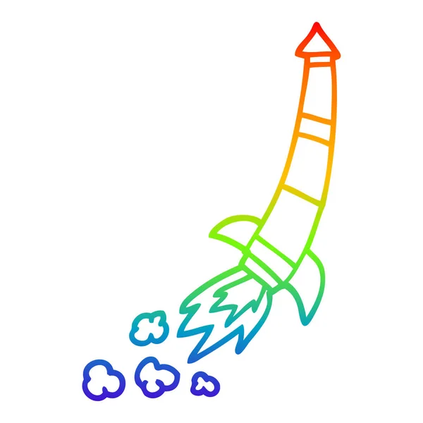 Rainbow gradient line drawing cartoon space rocket — Stock Vector