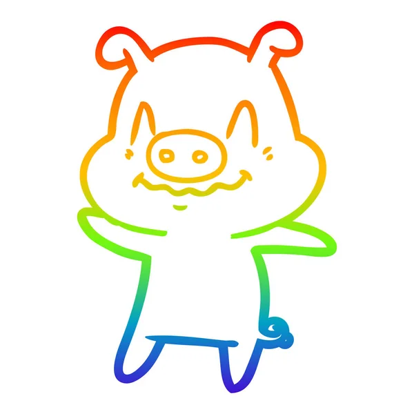 Rainbow gradient linje ritning nervös tecknad gris — Stock vektor