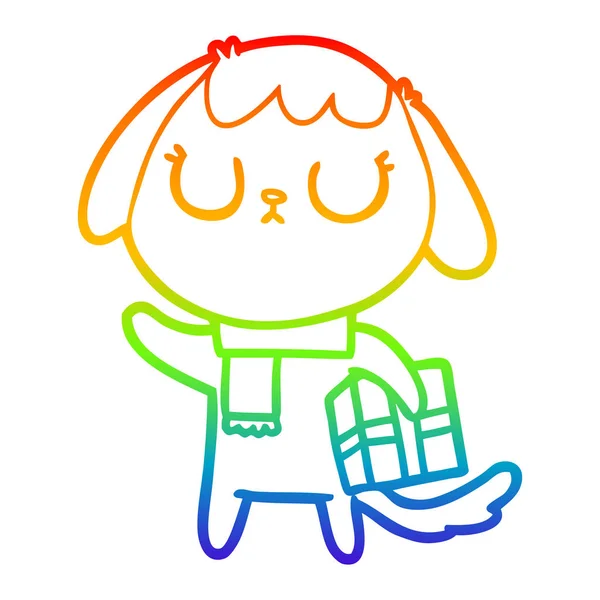 Arco iris gradiente línea dibujo lindo perro de dibujos animados con pr navidad — Vector de stock