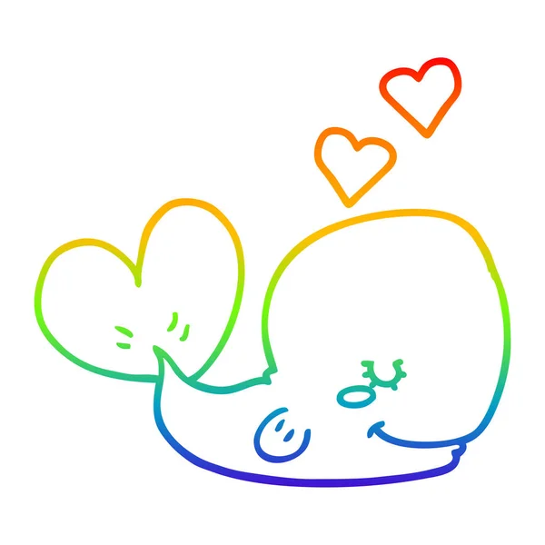 Rainbow gradient line drawing cartoon whale in love — Stock Vector