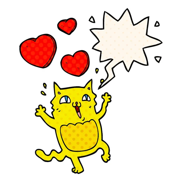 Tecknad katt galen i kärlek och pratbubbla i serietidning stil — Stock vektor
