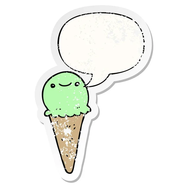 Crème glacée dessin animé et bulle de la parole autocollant affligé — Image vectorielle