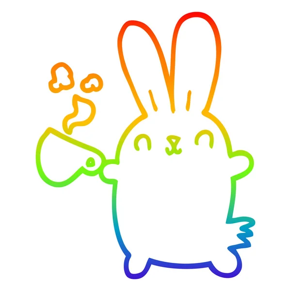 Regenbogen-Gradienten-Linie Zeichnung niedlichen Cartoon-Kaninchen mit Kaffee cu — Stockvektor