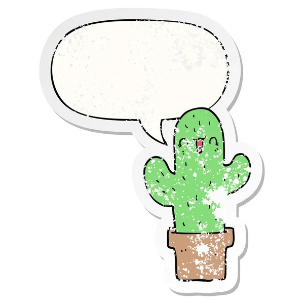 Cartoon cactus en toespraak bubble noodlijdende sticker — Stockvector