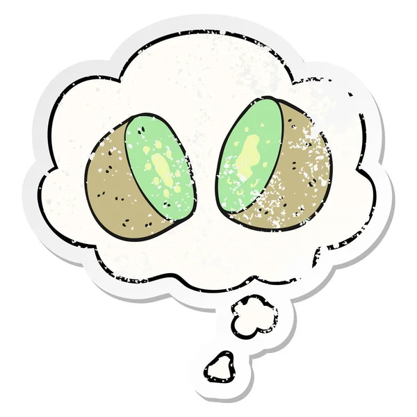 Cartone animato kiwi e bolla di pensiero come un adesivo indossato angosciato — Vettoriale Stock