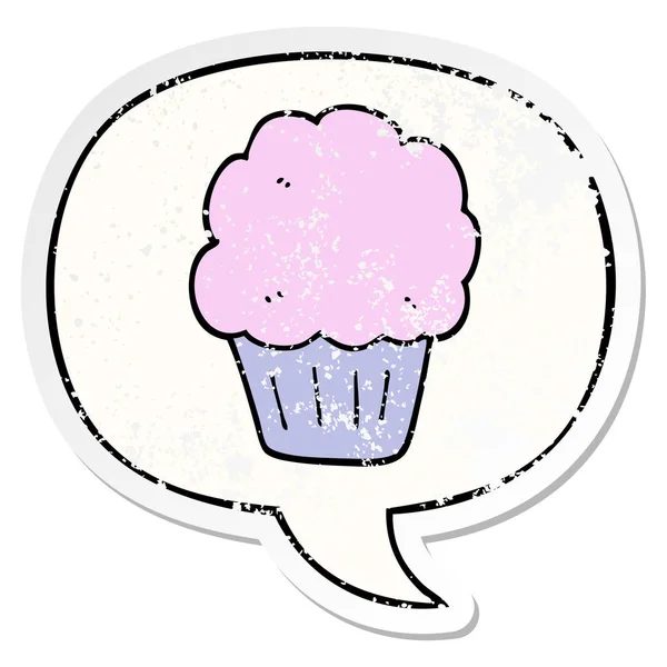 Cupcake de dibujos animados y el habla burbuja angustiado etiqueta engomada — Vector de stock