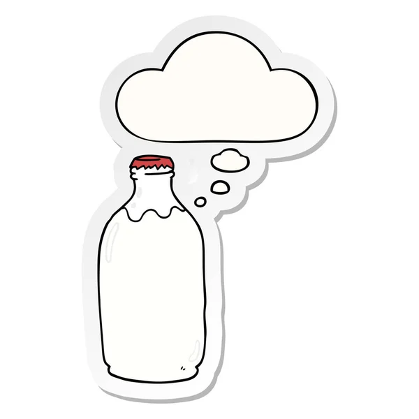 Karikatür süt şişesi ve baskılı bir etiket olarak kabarcık düşünce — Stok Vektör