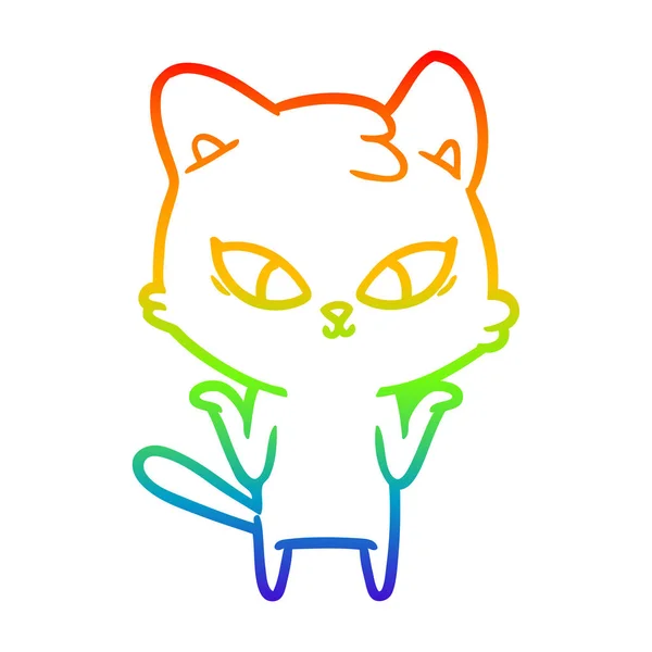 Rainbow gradient linje ritning söt tecknad katt — Stock vektor