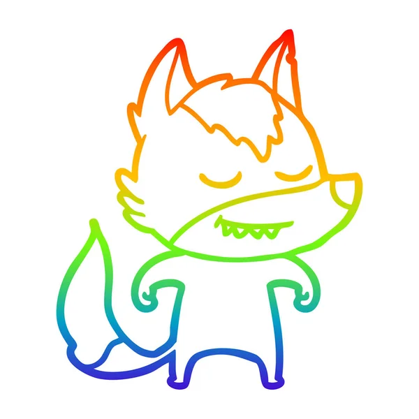 Arco-íris linha gradiente desenho amigável desenho animado lobo — Vetor de Stock