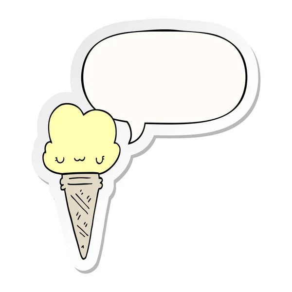 Cartoon ice cream and face and speech bubble sticker — Stock Vector