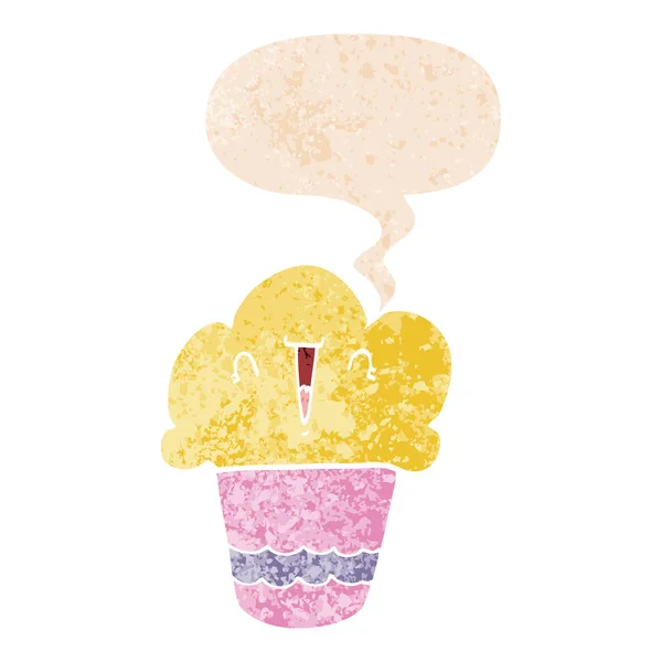 Cartoon Cupcake z twarzy i mowy Bańka w retro teksturowane St — Wektor stockowy