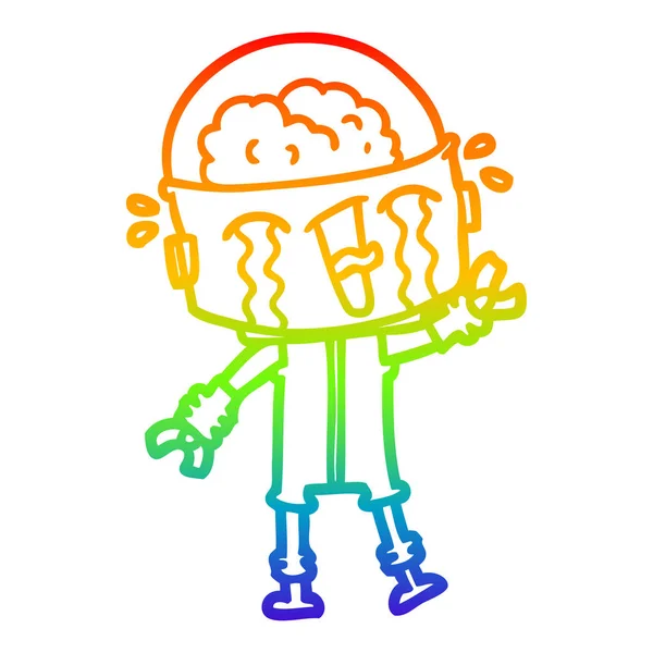 Rainbow gradient linje ritning tecknad Crying robot vinka — Stock vektor