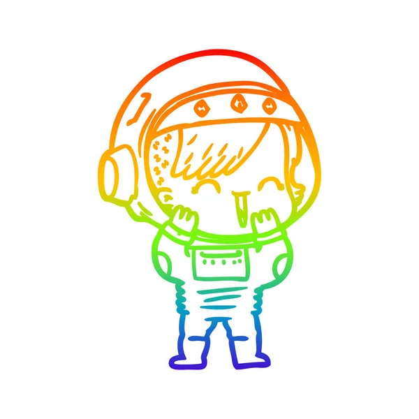 Arco iris gradiente línea dibujo dibujos animados riendo astronauta chica — Vector de stock