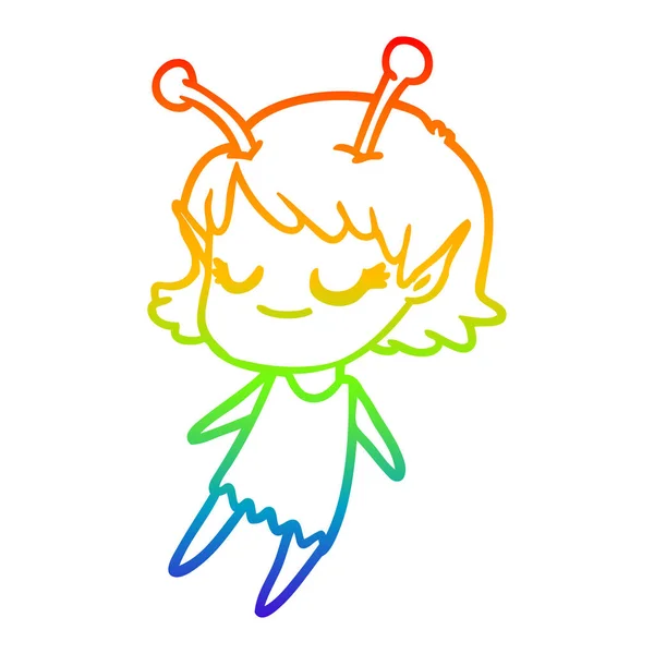 Arco iris gradiente línea dibujo sonriente chica alienígena dibujos animados flotador — Vector de stock