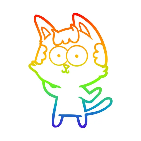 Regenbogen-Gradienten-Linie zeichnet glücklich Cartoon-Katze — Stockvektor