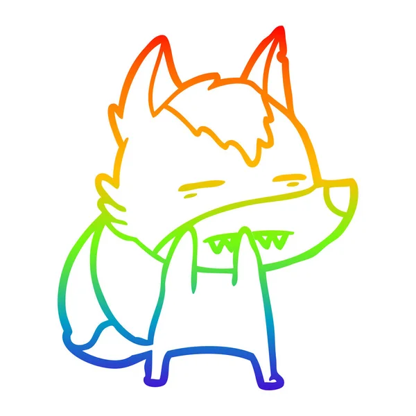 Arco iris gradiente línea dibujo dibujos animados lobo mostrando los dientes — Vector de stock