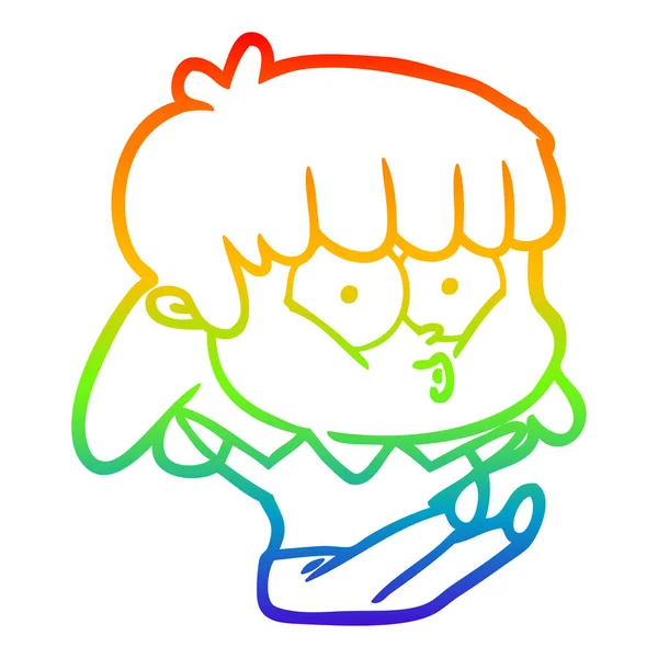 Rainbow gradient line drawing cartoon whistling girl — Stock Vector