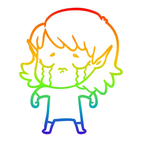 Arco iris gradiente línea dibujo dibujos animados llorando elfo chica — Vector de stock