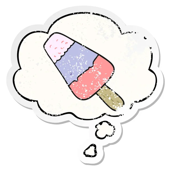 Cartoon ijs lolly en dacht Bubble als een verdrietig versleten sticke — Stockvector
