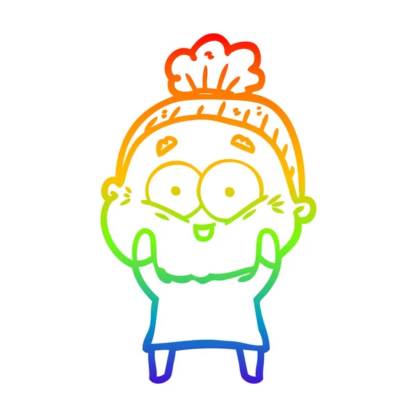 Arco iris gradiente línea dibujo dibujos animados feliz anciana — Vector de stock