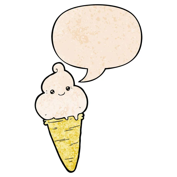 Cartoon ice cream and speech bubble in retro texture style — Stock Vector