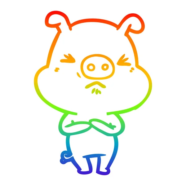 Arco iris gradiente línea dibujo dibujos animados enojado cerdo — Vector de stock