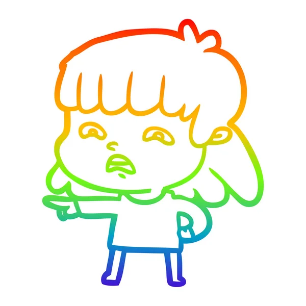 Rainbow gradient ligne dessin dessin animé inquiet femme — Image vectorielle