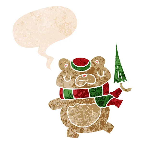 Καρτούν αρκούδα με ομπρέλα και την φούσκα ομιλίας σε ρετρό υφή s — Διανυσματικό Αρχείο