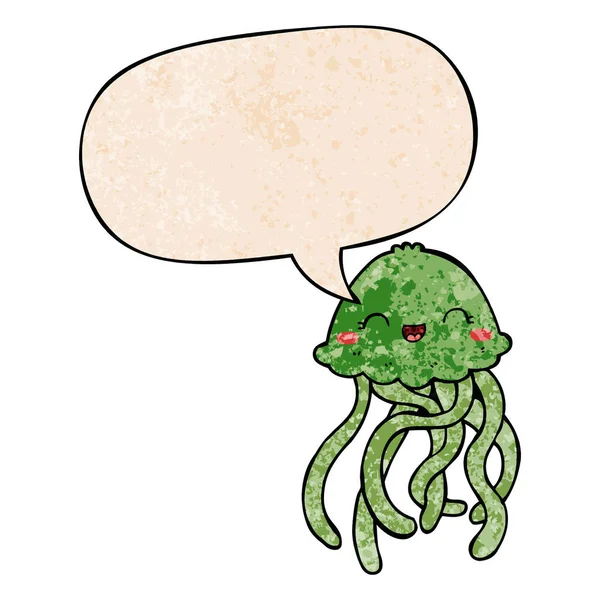 Słodkie kreskówki Jellyfish i Bubble mowy w stylu retro tekstury — Wektor stockowy