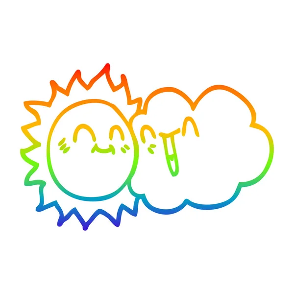 Rainbow gradient ligne dessin dessin animé heureux soleil et nuage — Image vectorielle