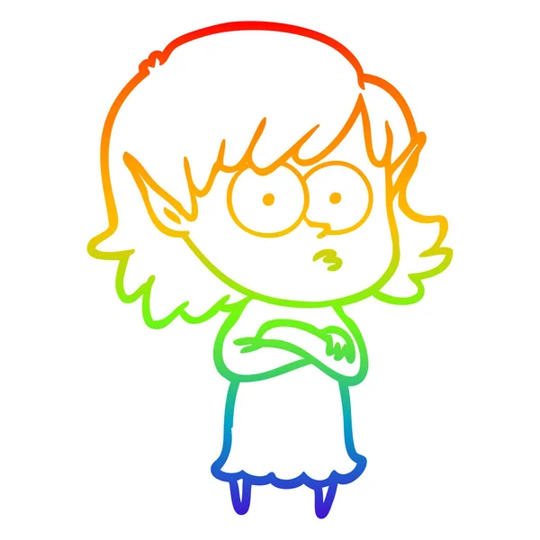 Arco-íris linha gradiente desenho cartoon elfo menina olhando — Vetor de Stock