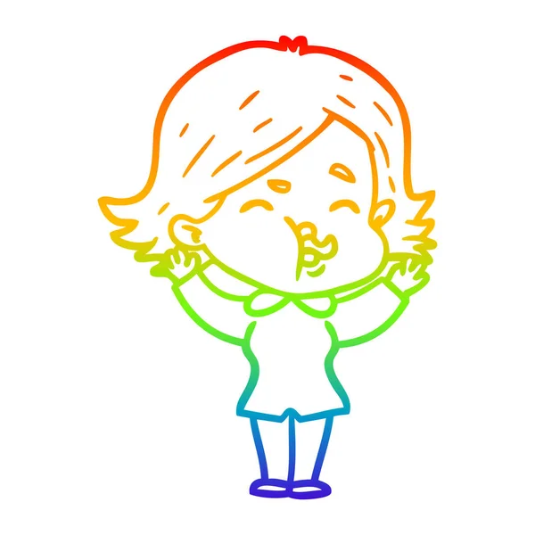虹のグラデーションライン描画漫画の女の子は顔を引っ張る — ストックベクタ