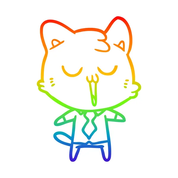 Rainbow gradient line drawing cartoon cat in shirt and tie — Stock Vector