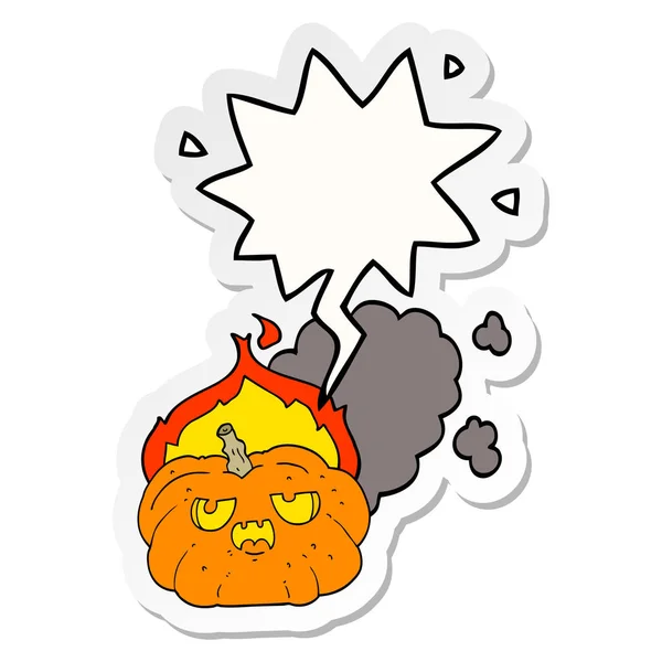 Cartoon flaming halloween pumpkin and speech bubble sticker — Stock Vector