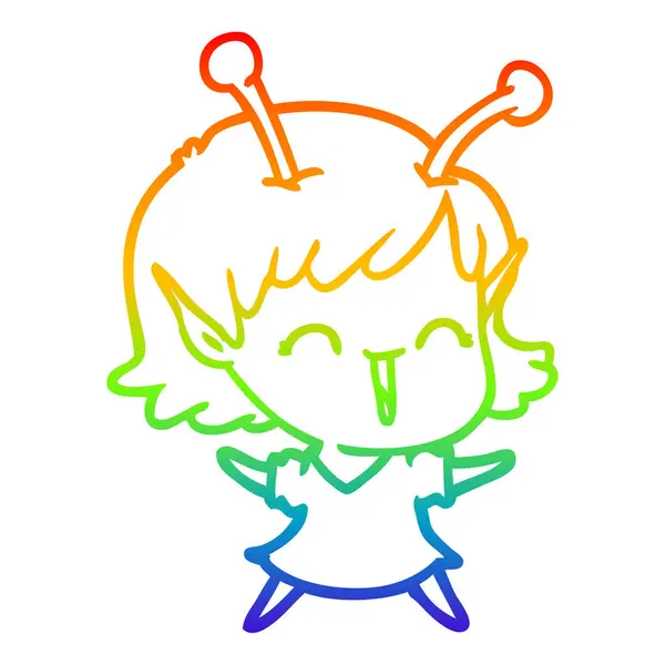 Arco-íris linha gradiente desenho cartoon menina alienígena rindo — Vetor de Stock