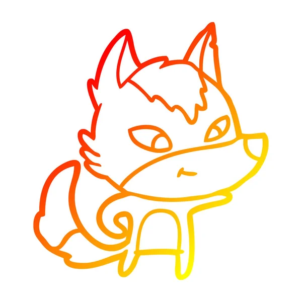 Línea de gradiente caliente dibujo amistoso lobo de dibujos animados — Vector de stock