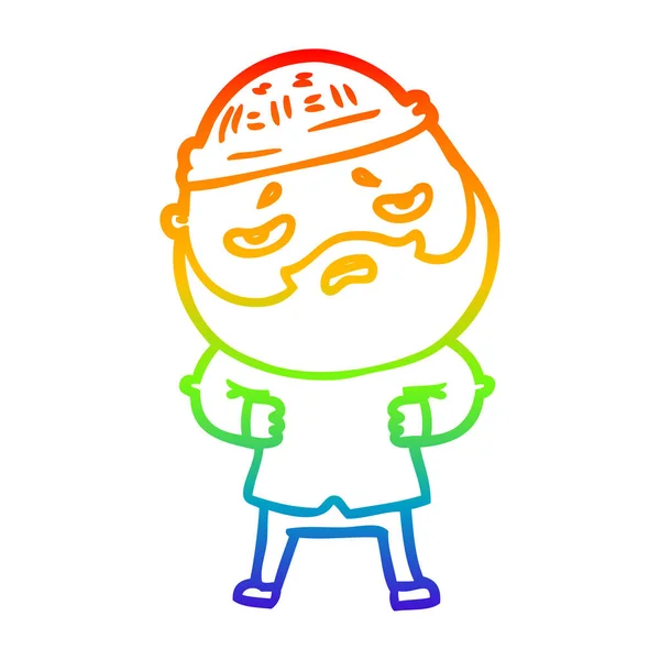Rainbow gradient ligne dessin dessin animé inquiet homme avec barbe — Image vectorielle
