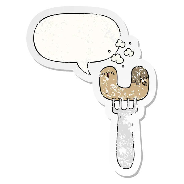 Saucisse de dessin animé sur fourchette et bulle de la parole autocollant affligé — Image vectorielle