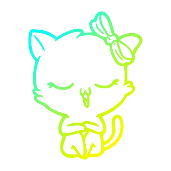 Línea de gradiente frío dibujo gato de dibujos animados con arco en la cabeza — Vector de stock