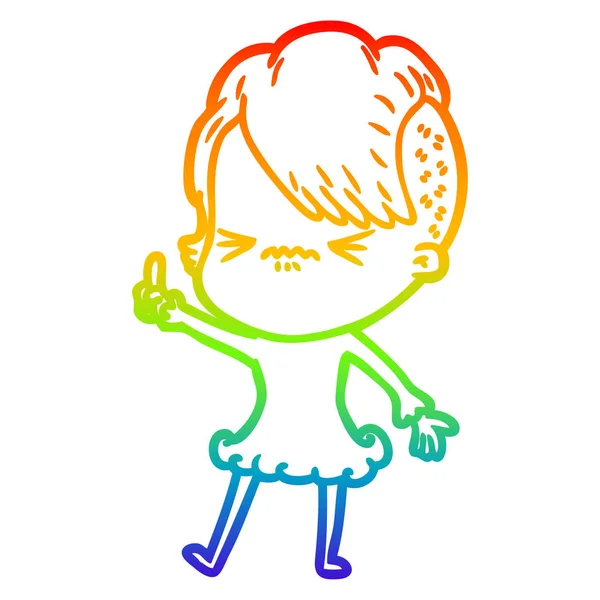 Arco iris gradiente línea dibujo dibujos animados molesto chica hipster — Vector de stock