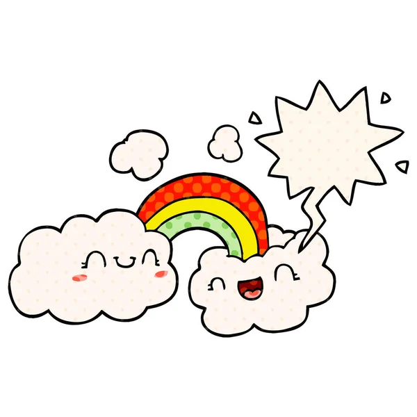 Happy cartoon clouds and rainbow and speech bubble in comic book — Stock Vector