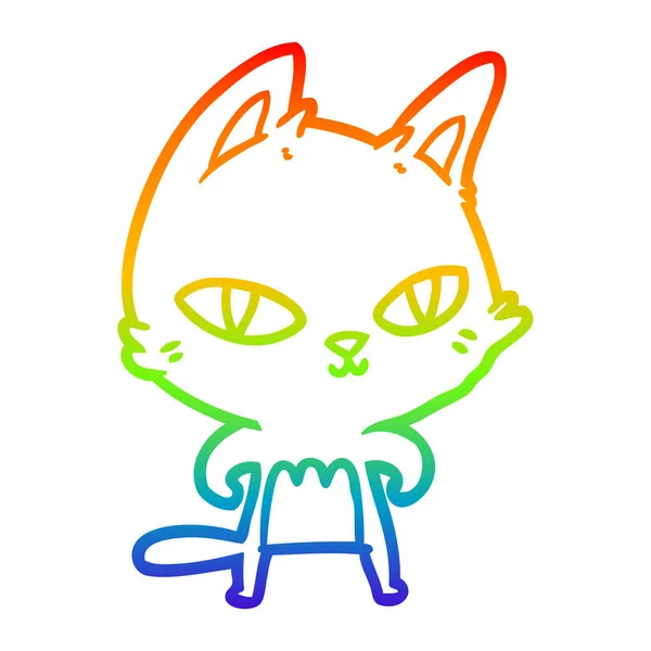 Rainbow gradient line drawing cartoon cat staring — Stock Vector