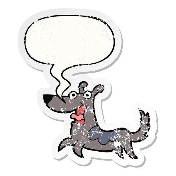 Feliz perro de dibujos animados y el habla burbuja angustiado pegatina — Vector de stock