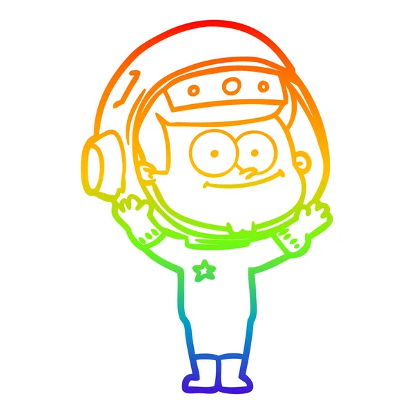 Rainbow gradient line drawing happy astronaut cartoon — Stock Vector