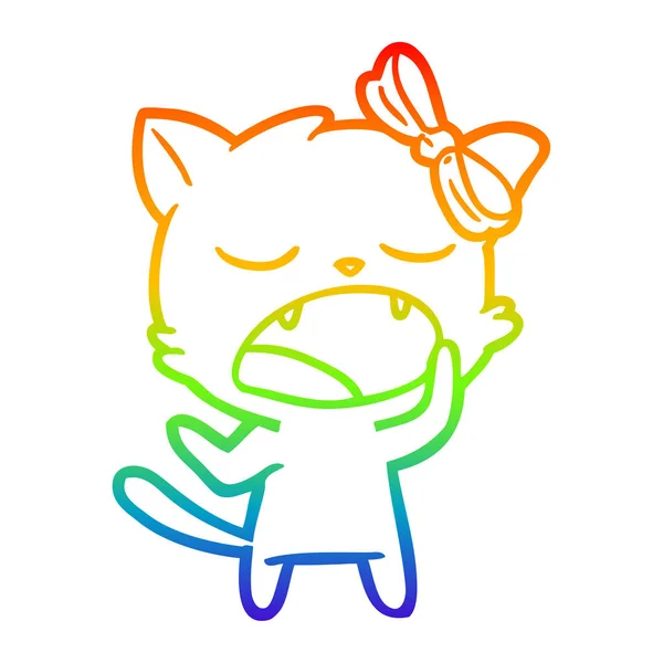 Rainbow gradient ligne dessin dessin dessin animé bâillement chat — Image vectorielle