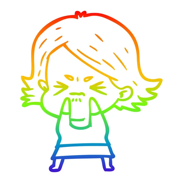 虹のグラデーションライン描画漫画怒っている女性 — ストックベクタ
