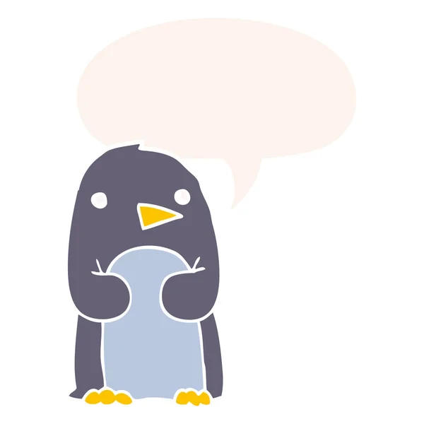 Tecknad pingvin och pratbubbla i retrostil — Stock vektor
