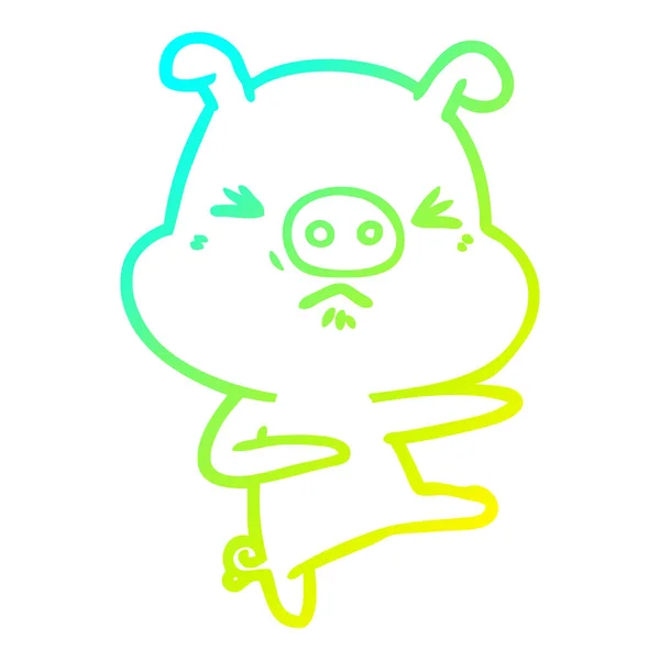 冷たいグラデーションライン描画漫画怒っている豚が蹴り出す — ストックベクタ